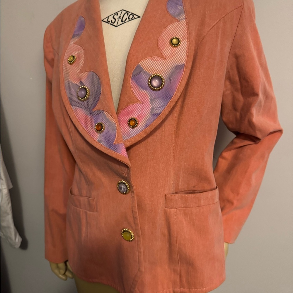 Lace vintage Women's Coral Blazer with Embellished Lapel. Ptp 19”lenght 24” - Picture 2 of 11